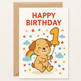 1st Birthday Card – Playful Puppy & Rainbow Card - Greeting Card